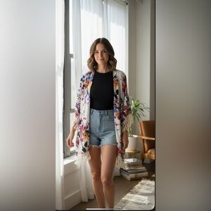 Vibrant Multicolor Floral Kimono with Fringe